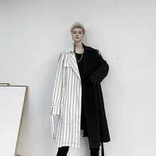 Мужской черный плащ в белую полоску, Мужская Повседневная ветровка в стиле хип-хоп, панк, готика, верхняя одежда