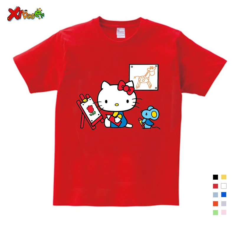 

Summer New Hello Kitty Cat Cute Short Paragraph Punk Fashion Casual Loose Large Size Cartoon Printing T-shirt Kids Clothes