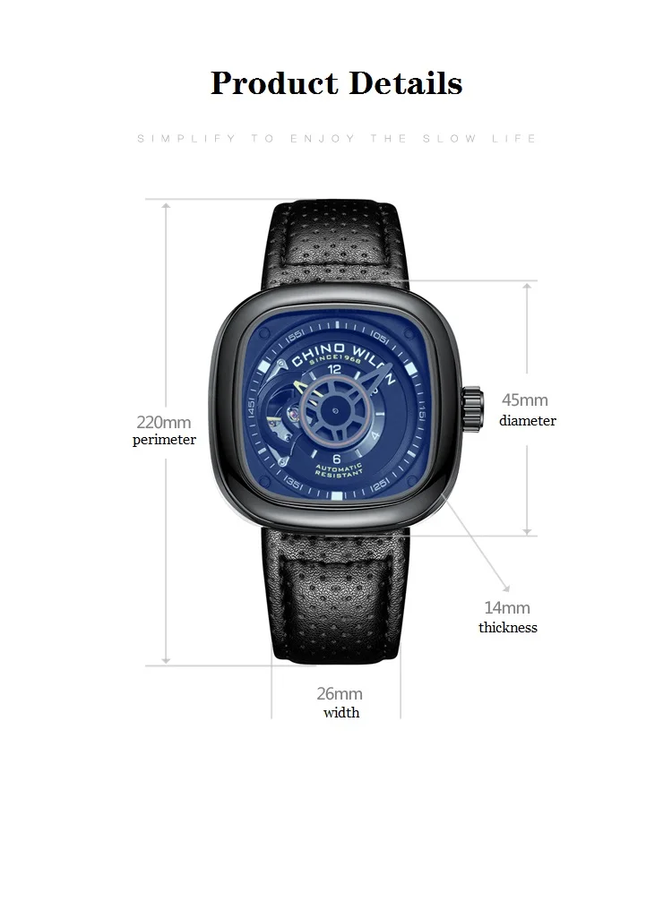 Chino Wilon квадратные автоматические механические часы мужские кожаный ремень полые мужские часы