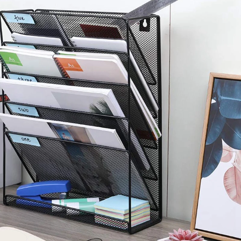 Goede Metalen Mesh Muur Gemonteerde Tijdschrift Bestand Rack Bureau 5 Layer Interval Archief File Magazine Tijdschrift Notebook Opslag Zwart