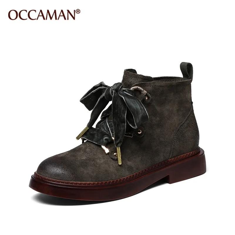 

OCCAMAN Vintage Lace Up Closure Pigskin Leather Martin Boots Low Heel Mixed Color Female Single Shoes 42235