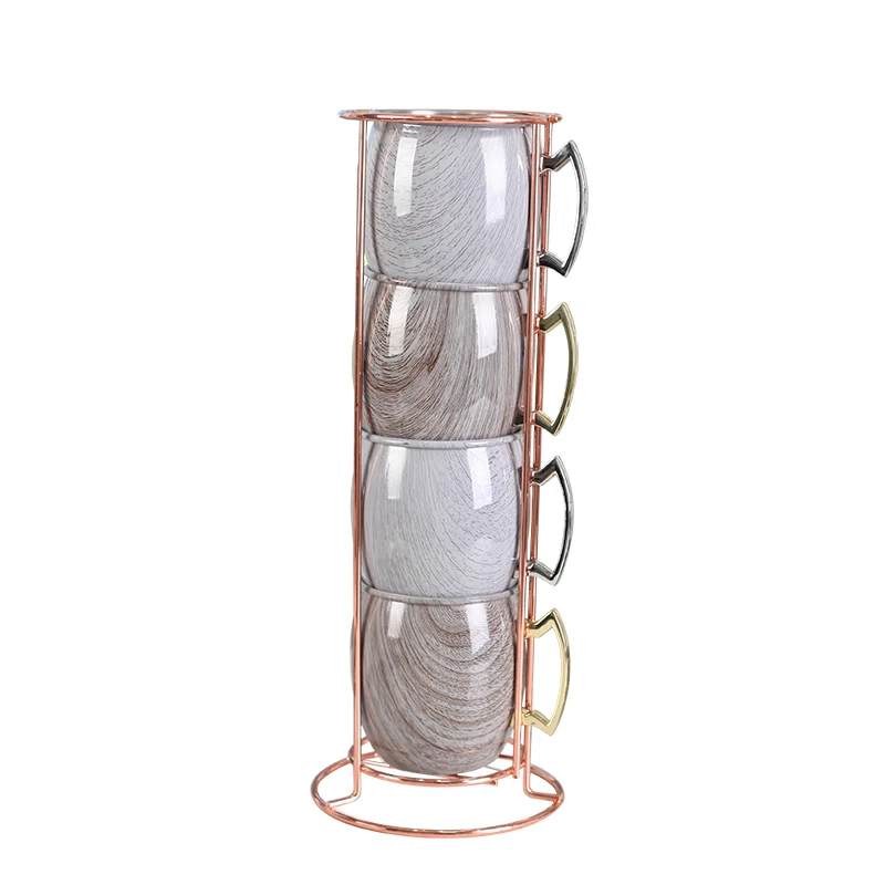 Beautiful Copper Plated Bracket With Water Transfer Printing 4pieces Coffee Mug