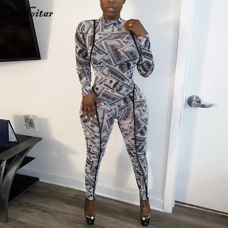 

Hugcitar 2020 Long Sleeve Money Print Jumpsuit Autumn Winter Women Fashion Streetwear Outfits Romper Patchwork Body