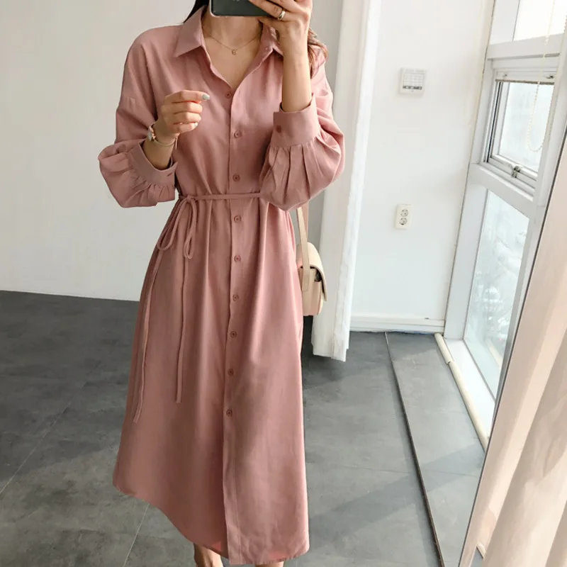 

LANMREM 2019 Autumn New Casual Fashion Temperament Women Loose Plus Solid Color Lapel Long Sleeve Drawstring Dress TC666