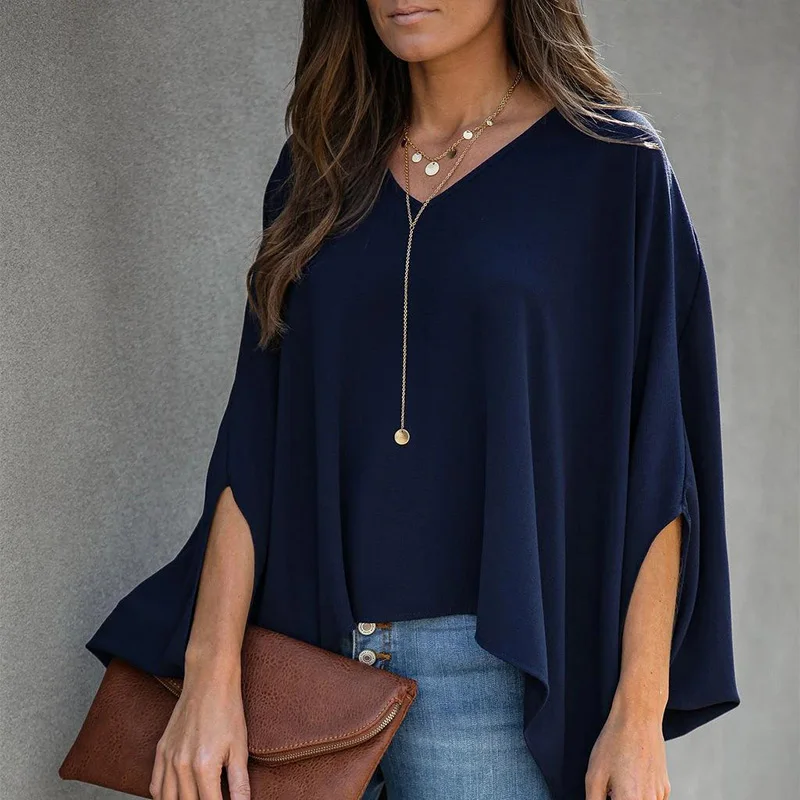 Blusa con dobladillo Irregular y mangas murciélago para mujer, blusas holgadas a la moda con en liso para blusas informales de oficina Primavera 2020 para mujer - AliExpress