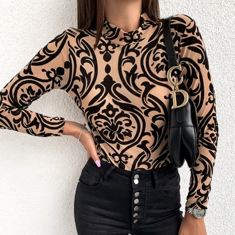 floral pattern Леопардовый принт, о-образный вырез, длинный рукав, топ, тонкая летняя футболка, сексуальная женская футболка, сорочка женская, ажурная, женский в Корейском стиле, футболка - Цвет: floral pattern