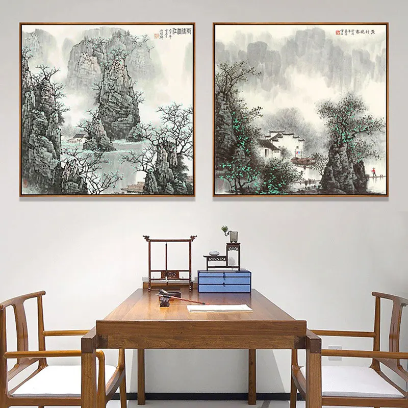 Современная Абстрактная чернильная живопись, китайский морской пейзаж, гора с водой, художественный постер, Настенная печать, картина на стену