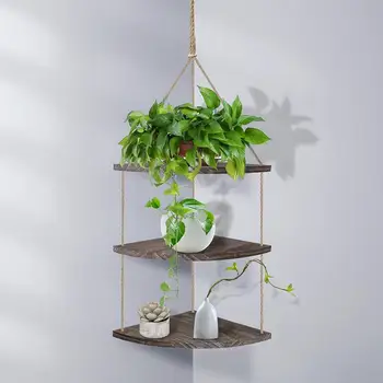 

Hanging Corner Shelf Rope Wood Wall Floating Shelves Rustic Organizer Displays Storage Rack Home Decor for Living Room Be