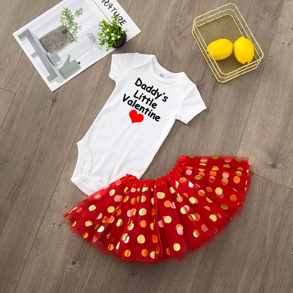 Daddy's Little Valentine/Милый хлопковый комбинезон с короткими рукавами для маленьких девочек из 2 предметов+ Милая фатиновая юбка-пачка модные комплекты для малышей