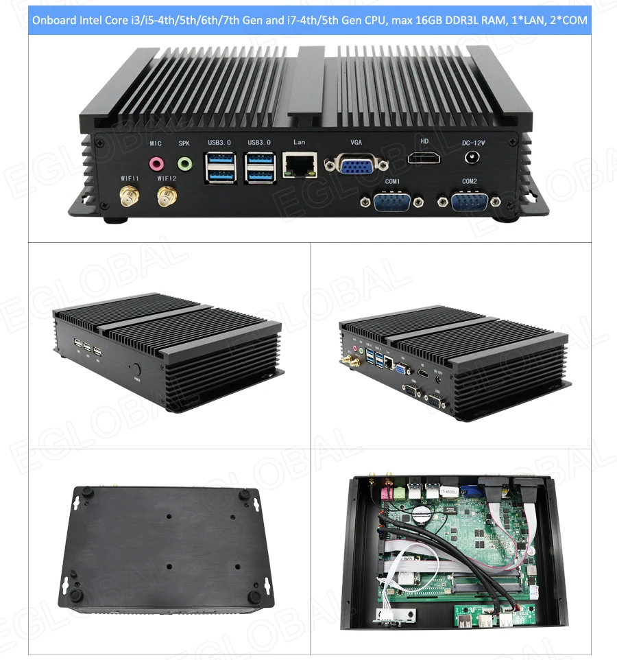 Elevate Your Workspace with Eglobal Industrial Mini PC - Intel Core i3/i5, 2 RJ45 LAN, 2 HDMI, Linux Desktop Computer, 6 RS232 COMs, 8 USB, Windows Ready Description Image.