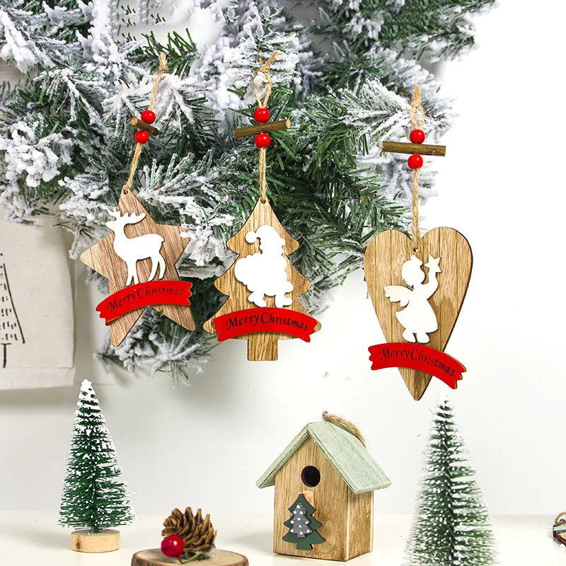 

Merry Christmas Love Angel Elk Santa Wooden Small Christmas Tree Decorations Pendants Xmas Decor for Tree Hanging Ornaments