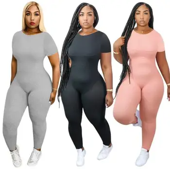 

Hot new style jumpsuit female solid color round neck short sleeve + trousers jumpsuit fashion sports running jumpsuit