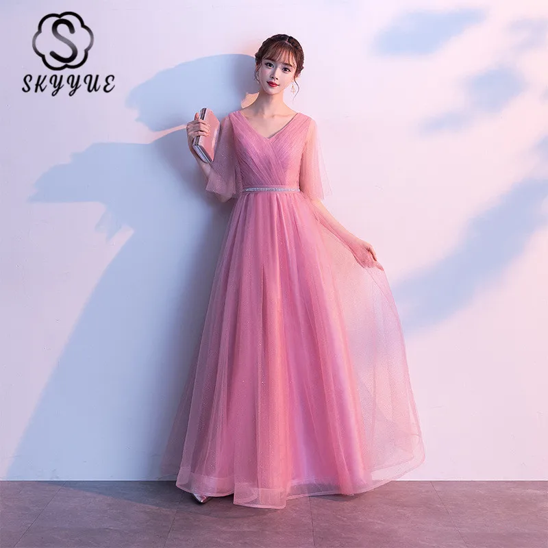 Bridesmaid Dresses Skyyue EK197 Pink V-neck Half Sleeve Wedding Guest Gowns A-line Long Bridesmaid Dress For Girls 2020