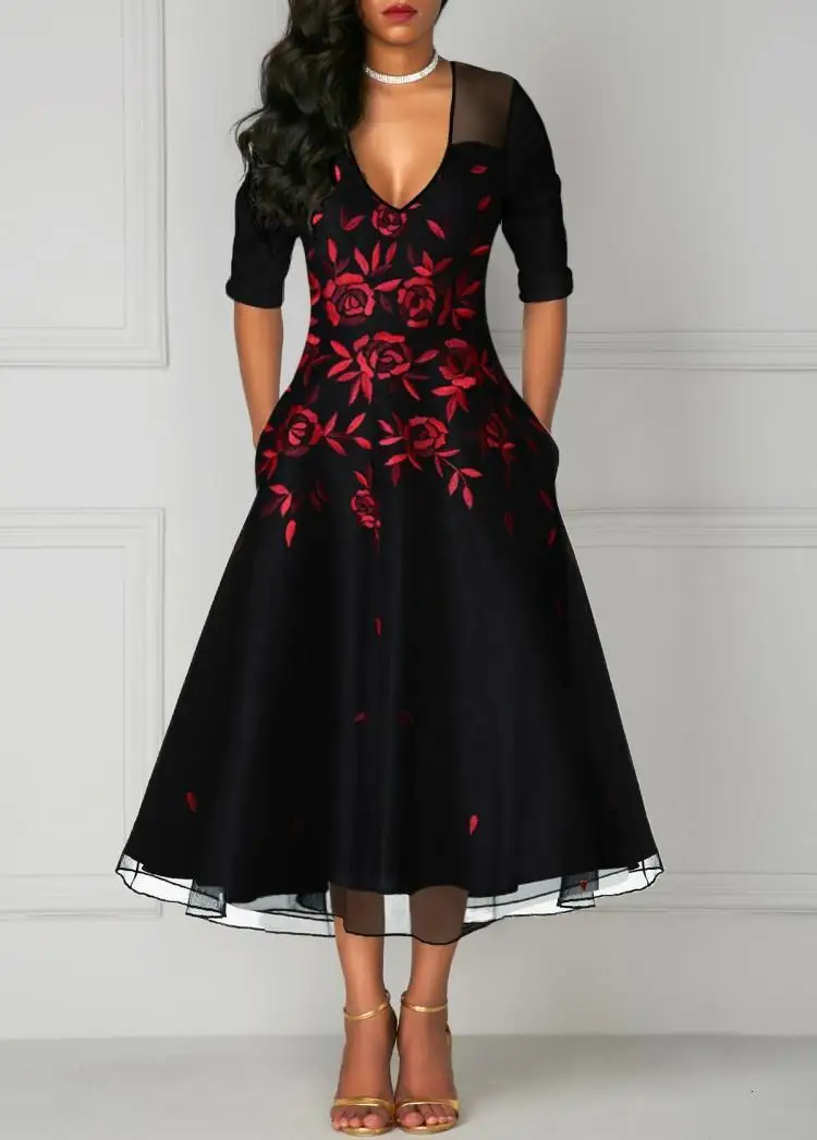 Сексуальные вечерние платья миди А-силуэта, элегантные женские платья с цветами размера плюс, черное Сетчатое платье с вышивкой Vestidos