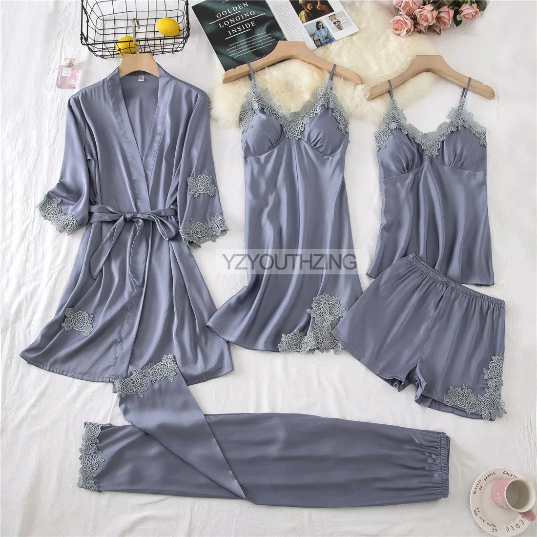 sexy sleepwear for women Lace PJ's Women Pajamas Suit Satin Sexy Sleepwear Summer Pyjamas With Trousers Nightgown V-Neck Kimono Robe Gown Set Lingerie silk pajamas for women