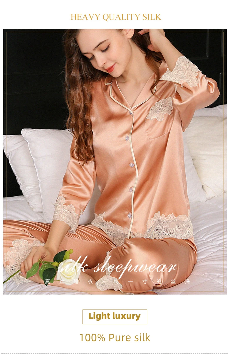 100% Real Silk Women Pajamas Flower Embroidery 2 Pcs Kimono Long Pants Pajama Sets 100% Mulberry Silk Pyjamas Women Sleepwear