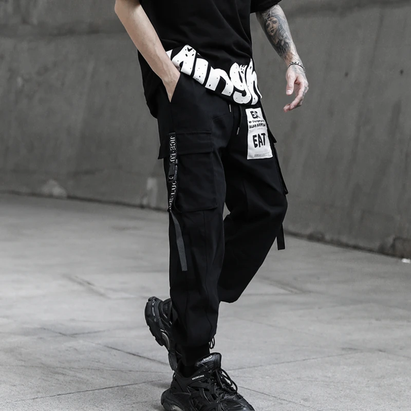 

2020 HOT Ribbons Printed Street Fashion Mens Joggers Cargo Pants Hip Hop Printed Casual Pencil Trousers Streetwear