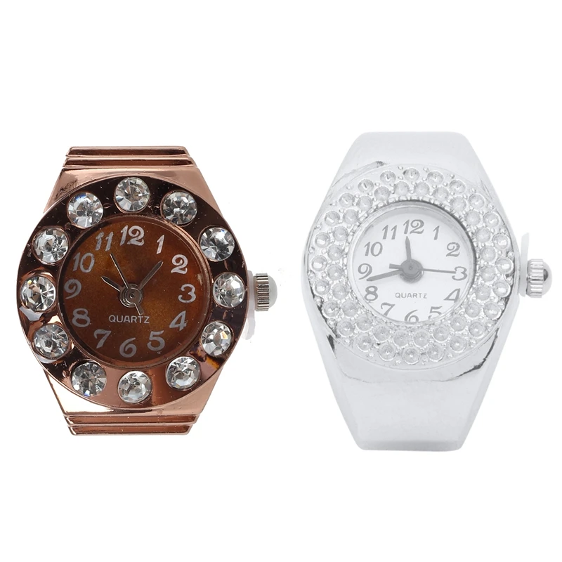 2 шт. часы с кольцом на палец: 1 круглые металлические карманные розового золота и