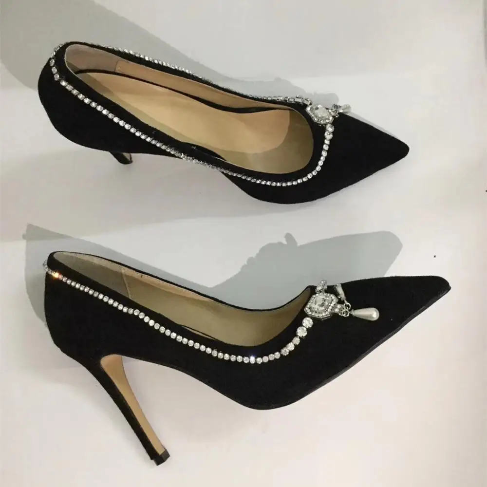 

2020 Spring autumn women's high quality suede leather pointed toe high heeled shoes Chic diamonds high heels pumps EU35-42 BY772