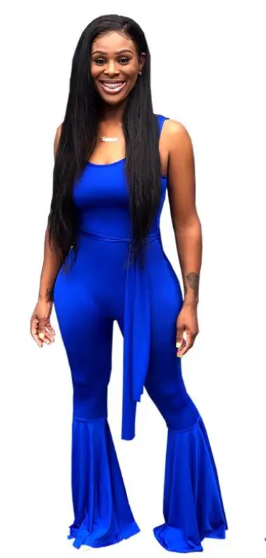 New Summer Women Bodycon Flare Jumpsuits Strap Plus Size Solid Blue Red Sashes Bandage Casual Streetwear Club Romper - Цвет: Синий