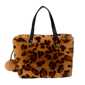 

New Korean style leopard print Rex rabbit fur plush bag large size portable shoulder bag lady's fashion bag