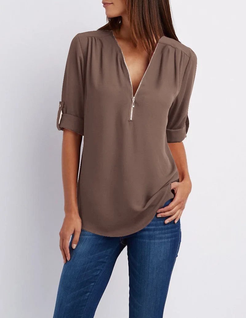 S-5XL Women Chiffon Blouse Casual Half Sleeve V-Neck Zipper Blue Irregular Loose Shirts Summer Autumn Sexy Tops Plus Size Shirts - Цвет: 6186 Dark Coffee