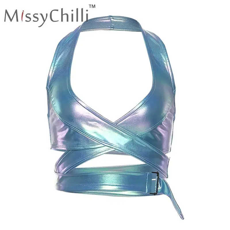 Синий MissyChilli, трикотажный бандаж на шею, синий, фестиваль, на бретельках, для женщин, v-образный вырез, без рукавов, элегантный укороченный топ, женский сексуальный клубный короткий топ - Цвет: Синий