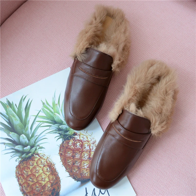 Brown leather LOVIRS/женские туфли без задника из натуральной кожи с открытой спиной; удобные лоферы без шнуровки с натуральным мехом на мягкой плоской подошве; модные шлепанцы с кроличьим мехом - Цвет: Brown leather