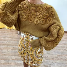 Топ из шерсти, вязаный свитер с объемной цветочной вышивкой, пуловер, джемпер с пышными рукавами