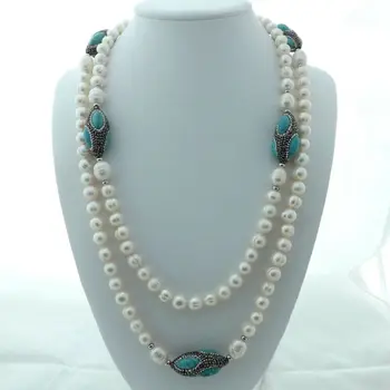 

55'' White Pearl Turquoise Black Macarsite Long Necklace