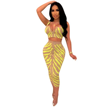 

Summer New Sexy 2 piece Women Set Color Print Spaghetti Strap Short Crop Tops Midi Skirts Suit Long Club Party Dress Outfit