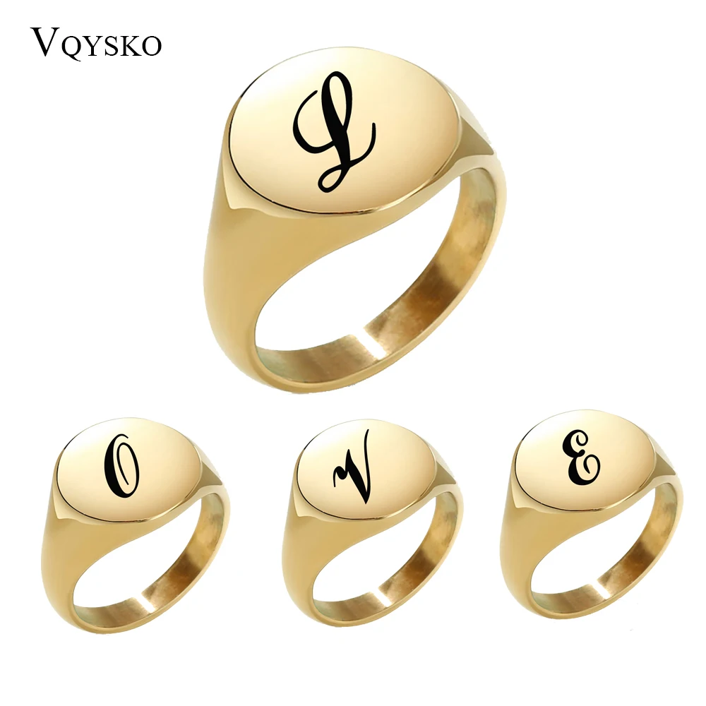 Stainless Steel Round Initial Alphabet Ring Glossy Women Men Unisex Gold Color A-Z 26 Letter Finger Rings Jewelry Wholesale