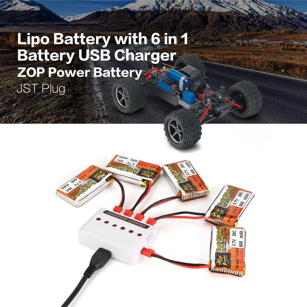 HOT 5Pcs RC ZOP Power 3.7V 600mAh 30C JST Plug Lipo Battery Rechargeable with 6 in 1 Battery USB Charger for RC Racing Drone Car