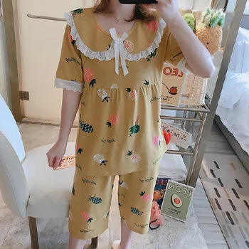 

Ladies Short-sleeved Cropped Trousers Loose Version High Quality Baby Collar Femme Sleep Pajamas Sets 2020 Summer Pijama Women