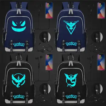 

Blue Luminous Fashion Cute Cartoon Pokemon Pikachu USB Boy Girl Book School bag Women Teenagers Men Laptop Backpack Packsack