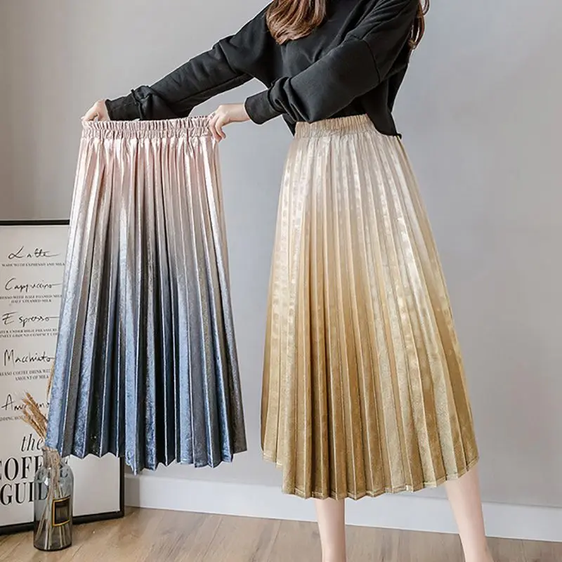 Women skirt new fashion gradient color gold velvet skirt Korean version long section long pleated high waist sweet wind casual