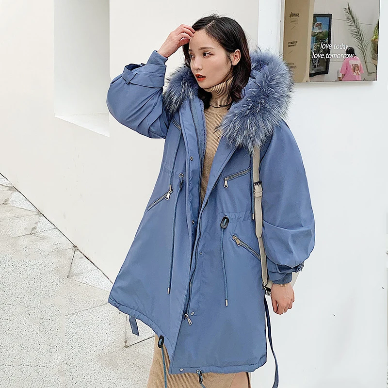 

2019 Fashion New Winter Warm Duck Down Jackets Women With Belt Big Fur Collar Hooded Long Sleeve Plus Size Thick Long Parka Coat