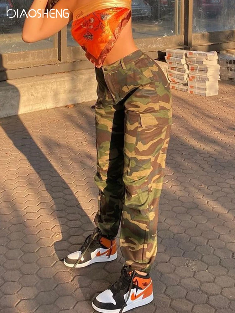 Women Camo Cargo Pants High Waist Baggy 
