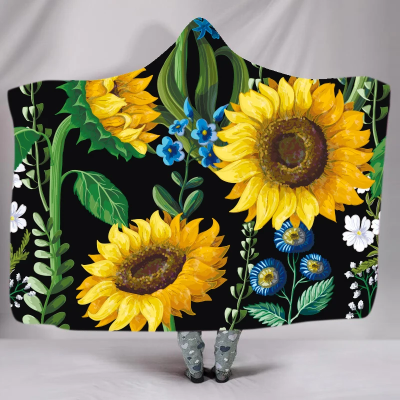 

Custom Soft Hooded Throw Blanket Sunflower Decor Collection Vintage Rustic Looking Grunge Sunflowers Field Blooms Botanical