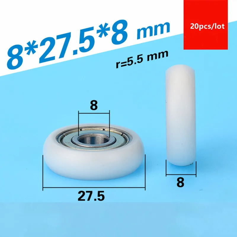 

20pcs circular arc plastic coated bearing 8*27.5*8mm roller POM nylon wrapped wheel pulley bore size 8mm diameter 27.5mm