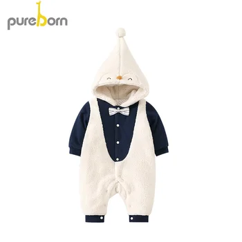

Pureborn Newborn Baby Winter Clothes Cartoon Penguin Hooded Baby Boy Romper Thicker Bow Tie Gentleman Baby Jumpsuit