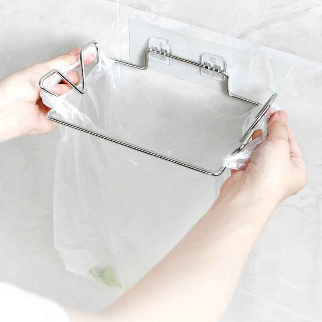 1pc Stainless Steel Over Door Plastic Bag Holder Cupboard Door Rubbish