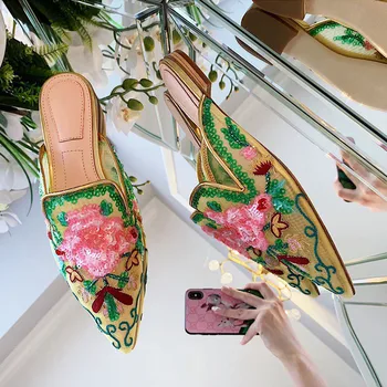 

Pointed toe flat heel embroidery mules bling bling sequined flower summer slides real leather formal slippers shoes
