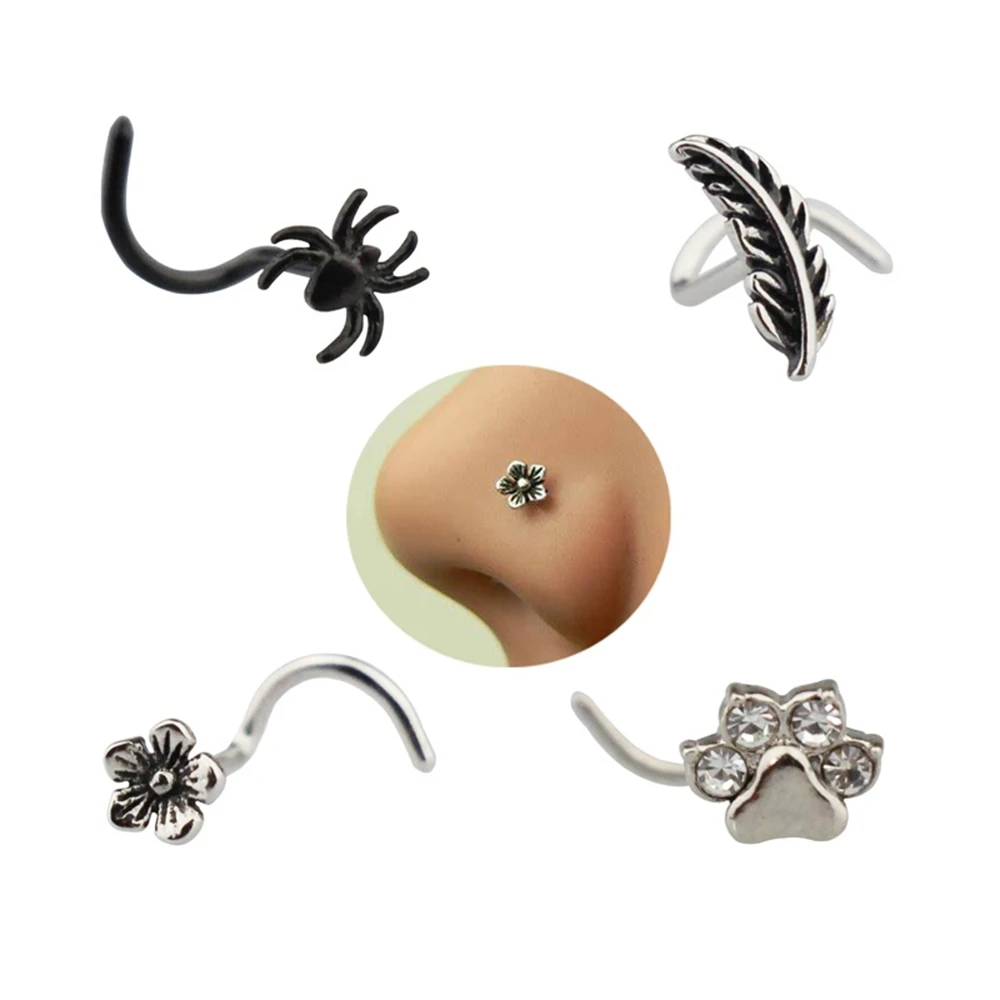 

HONGTU 1 PC 20G Nose Stud Piercings Steel Piercing Nose Stud Copper Spider Flower Feather Paw Nose Rings Nariz Piercing Jewelry
