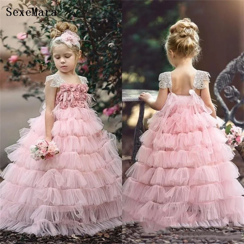 EEN Lijn Bloem Meisje Jurken met Cap Sleeve 3D Bloemen Meisjes Kleding Pageant Jurk Bloemen Geappliceerd Party Jurken Voor Tieners EEN Lijn Bloem Meisje Jurken met Cap Sleeve 3D Bloemen Meisjes Kleding Pageant Jurk Bloemen Geappliceerd Party Jurken Voor Tieners