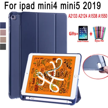 

Smart Soft Shockproof Case for iPad mini4 mini5 2019 A2133 A2124 A1538 A1550 with Pen Slot Three Fold Stand Flip Cover + Film