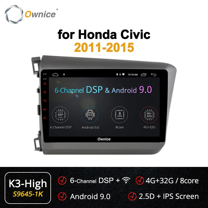 Ownice K1 K2 K3 K5 K6 Android 9,0 Восьмиядерный 2 Гб ОЗУ для HONDA CIVIC 2011- Автомагнитола Navi gps плеер 4G LTE 360 Pano ram a DSP - Цвет: S9645-1 K3-High