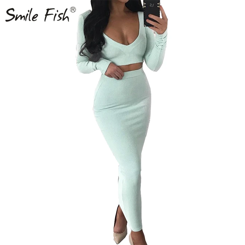 

Autumn Winter Tracksuits Knitted Women Sets Outfits 2019 Bodycon Long Sleeve V-Neck Crop Top Mid Skirt Two Piece Sets GV839