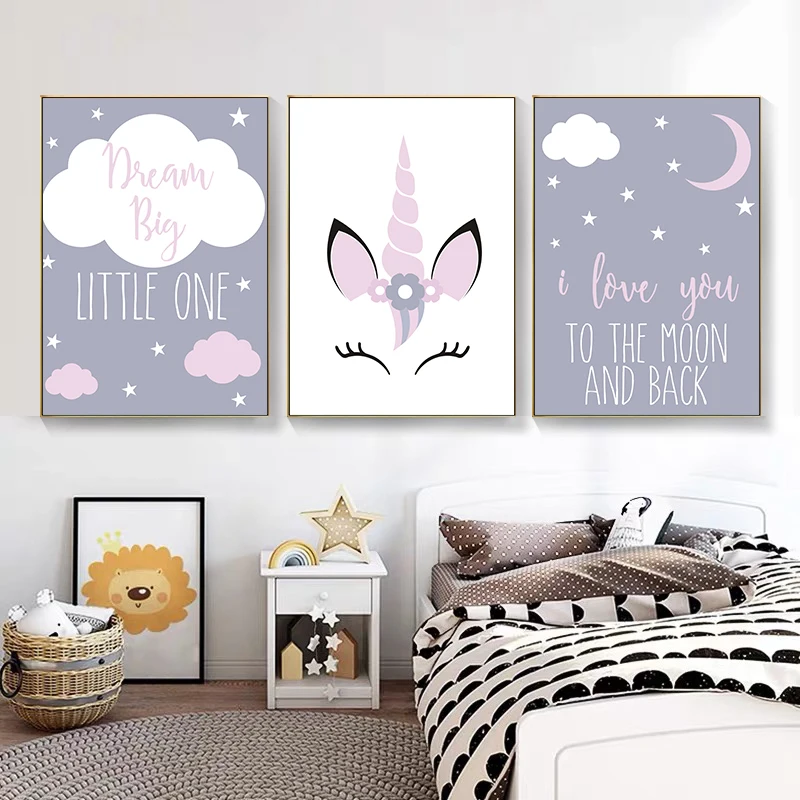 Kawaii Unicorn Poster Wall Art Canvas Nursery Prints Baby Girl Bedroom Decor 