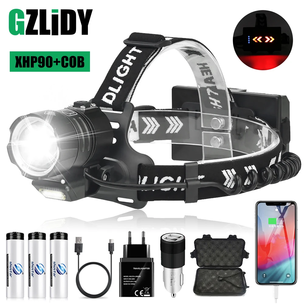 

Powerful LED Headlamp XHP90+COB Headlight USB Rechargeable Fishing Lantern Waterproof Telescopic Zoom 18650 Head Flashlight